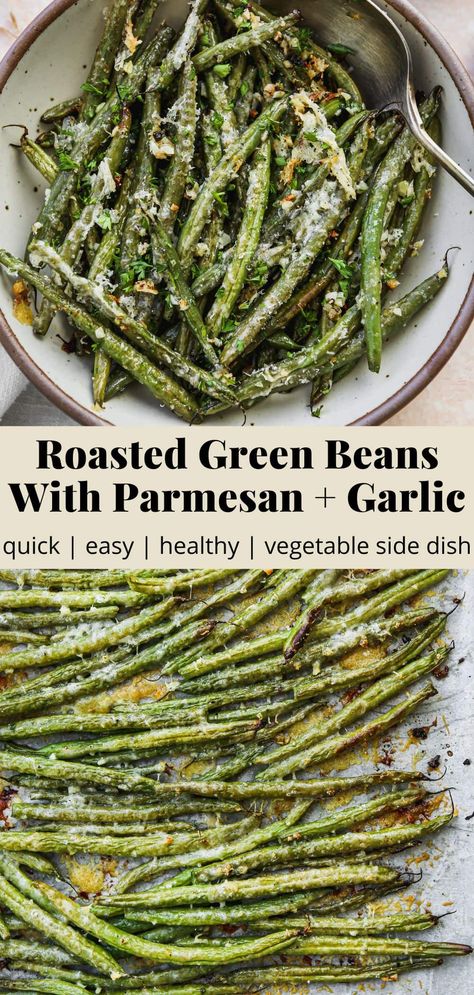 Oven-Roasted Green Beans With Garlic & Parmesan | Walder Wellness Green Bean Recipes Oven, Roasted Green Beans With Parmesan, Green Bean Recipes Healthy, Oven Green Beans, Green Beans With Garlic, Fresh Green Bean Recipes, Thanksgiving Green Beans, Garlic Green Bean Recipes, Oven Roasted Green Beans