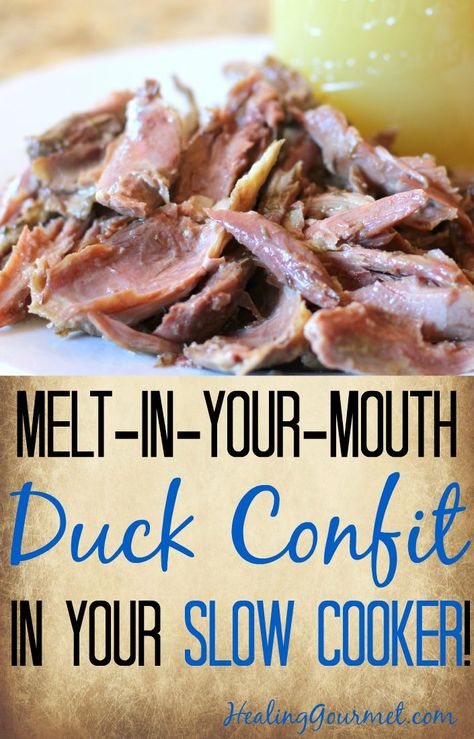 Looking for a super-simple duck confit recipe? You’ve come to the right place.  If you’re familiar with duck confit (pronounced con-FEET), you already know that it practically melts in your mouth, is loaded with flavor, and can elevate even the most urbane dishes to gourmet status.  But duck confit doesn’t just taste great – it can also be a health-promoting dish that is rich in belly-flattening, disease-fighting monounsaturated fats. Slow Cooker Duck, Duck Confit Recipe, Confit Recipes, Nutritional Healing, Goose Recipes, Duck Confit, Festive Appetizers, Keto Easy, Duck Duck Goose