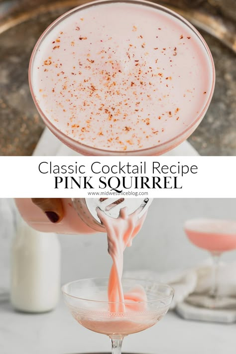 The Pink Squirrel is a pretty pink retro cocktail that is sweet and creamy that tastes like almond and cocoa. Served chilled and garnished with a sprinkle of freshly grated nutmeg it’s been a staple in the Midwest for decades! Fun Girly Cocktails, Pink Squirrel Cocktail, Cocktails That Go With Pasta, Cute Pink Cocktails, Pink Christmas Cocktail, Wine Based Cocktails, Creamy Cocktail Recipes, Valentine S Day Cocktails, Sambuca Cocktails