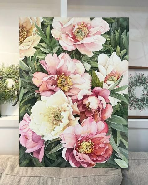 Peony Flowers Painting, Flower Painting Canvas Oil, Peony Artwork, Floral Paintings On Canvas, Peonies Artwork, Painting Peonies, Peonies Painting, Peonies Art Print, Peony Art