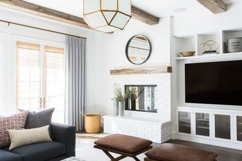 Studio McGee.  Off center fireplace built in option. Off Center Fireplace, Family Room Reveal, White Brick Fireplace, Living Room Built Ins, Living Room Reveal, White Brick, Rooms Reveal, Living Room Remodel, Family Room Design