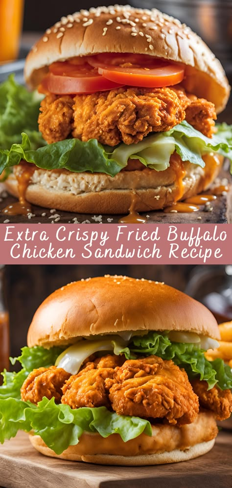 Crispy Chicken Sandwich Baked, Chicken Patties Sandwich, Chicken Sausage Sandwich Recipes, Easy Buffalo Chicken Sandwich, Fried Sandwich Ideas, Fried Chicken Sandwich No Buttermilk, Fried Chicken Thigh Sandwich, Buffalo Chicken Sandwich Crispy, Buffalo Chicken Sandwich Recipes