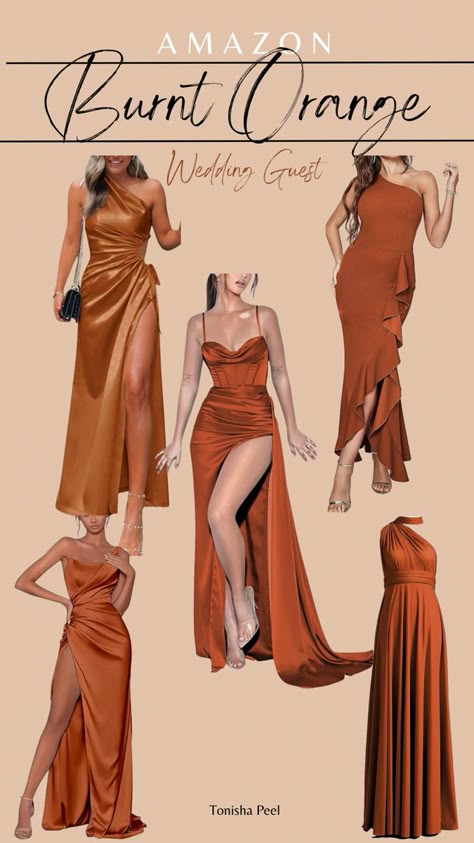 Rust Orange Wedding Guest Dress, Burnt Orange Bridesmaid Dresses Fall, Terracotta Wedding Dress Guest, Tan Wedding Guest Dress, Burnt Orange Wedding Guest Outfit, Burnt Orange Dress Outfit Wedding Guest, Earth Tones Wedding Guest Dress, Amazon Bridesmaid Dresses, September Wedding Dresses Guest