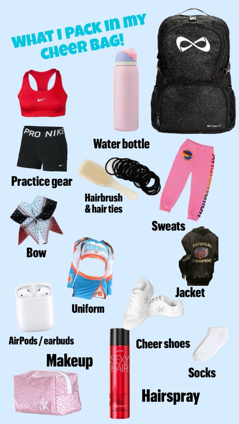 #cheer #competition #comp #preppy #cheerleading #cheerleader #cheerbag #cheerpractice Things For Cheerleaders, Things To Have In Your Cheer Bag, What To Bring To Cheer Practice, Cheer Competition Must Haves, Things To Put In Your Cheer Bag, Competition Cheer Bag Essentials, Cheer Practice Bag, Cheer Competition Checklist, Cheerleading Bag Essentials