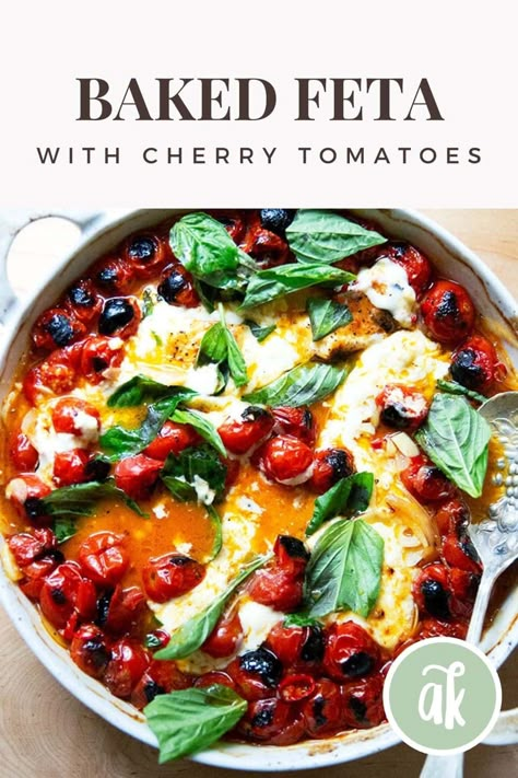 This baked feta with cherry tomatoes is one of the simplest, tastiest dishes ever. Lots of crusty bread for dipping is a must! #vegetarian #sidedish #appetizers Baked Feta With Cherry Tomatoes, Italian Potluck, Cherry Tomato Appetizers, Viral Pasta, Tomato Appetizers, Bread For Dipping, Baked Feta Pasta, Baked Feta, Feta Recipes