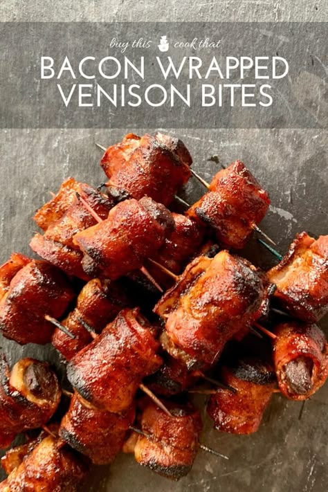 Venison Roll Ups, Venison Appetizers Snacks, Bacon Wrapped Deer Tenderloin In Oven, Easy Venison Dinner Recipes, Venison Sauce Piquant, Bacon Wrapped Deer Backstrap, Bacon Wrapped Backstrap In The Oven, Deer Meat Appetizers, Venison Thanksgiving Recipes