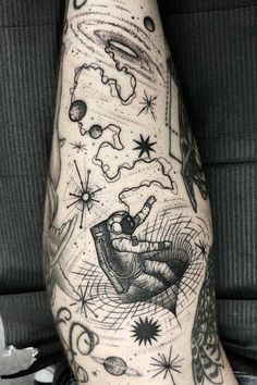 Men’s Sleeve Tattoo Space, Spaced Out Tattoo Sleeve, Space Patchwork Tattoo Sleeve, Time Is Relative Tattoo, Space Arm Sleeve Tattoo, Out Of This World Tattoo Ideas, Men Space Tattoo, Patchwork Space Tattoos, Time Space Tattoo