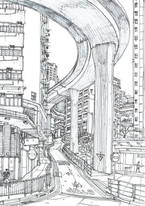 Environment Sketch, Cityscape Drawing, Art Lineart, Hong Kong Art, Perspective Sketch, Andermatt, Perspective Drawing Architecture, Urban Sketches, City Sketch