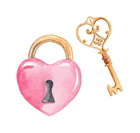 Valentine Hearts Art, Key Drawings, Valentines Illustration, Free Vintage Printables, Diy Anniversary, Heart Illustration, Gold Key, Watercolor Heart, Keys Art