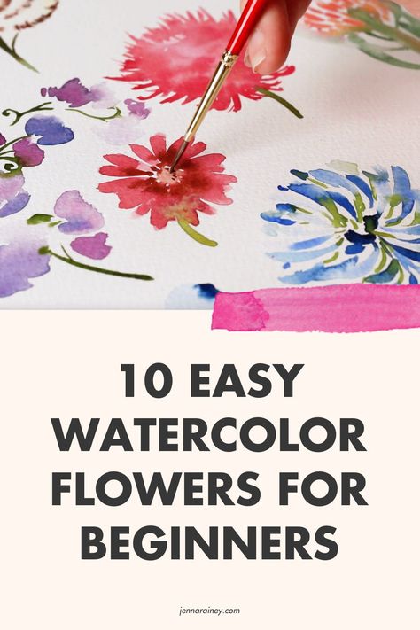 How To Paint Flowers With Watercolors, Basic Watercolor Painting For Beginners Flowers, How To Paint Flowers Watercolor Easy, Diy Watercolor Flowers, Jenna Rainey Watercolor Tutorials, Watercolor Daisy Tutorial, Beginner Watercolor Flowers, Jenna Rainey Watercolor, How To Paint Flowers Watercolor