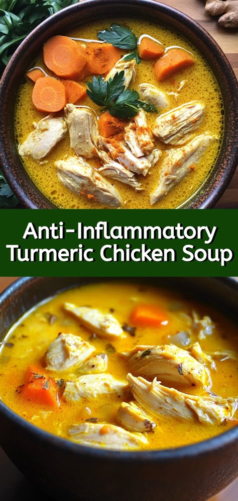 Anti-Inflammatory Turmeric Chicken Soup Turmeric Dinner Recipes, Soup To Make You Feel Better, Turmeric Food Recipes, Tumeric Food Recipes, Soup Recipes For Gut Health, Low Inflammation Recipes Easy, Immune Health Recipes, Turmeric Recipes Inflammation, Tumeric Soup Recipe