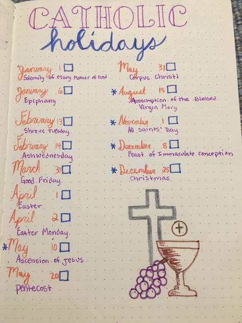 Catholic holidays bullet journal Catholic Bible Journaling, Catholic Journal Prompts, Catholic Journaling, Catholic Journal, Catholic Bullet Journal, Bullet Journal Bible Reading Tracker, Catholic Holidays, Prayer Bullet Journal, Catholic Symbols