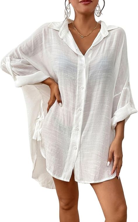 Bsubseach Women Button Down Beach Shirt Cover Up for Swimwear Blouse Tops White L at Amazon Women’s Clothing store Beach Cover Up Shirt, Stylish Bathing Suits, Summer Shirt Dress, Shirt Dress Fall, Clothes Beach, Beach Pool Party, Shirt Dress Summer, In The Beach, Sun Shirt