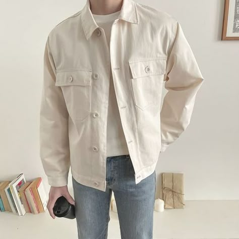 Cream Jacket Outfit Men, Cream Jacket Outfit, White Jean Jacket Outfits, Kpop Fashion Men, Cream Outfit, Polo Shirt Outfits, Mens Smart Casual Outfits, Shirt Outfit Men, Minimalist Fashion Men