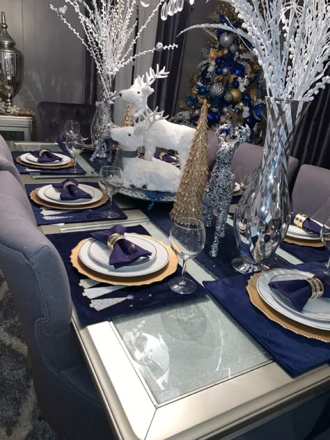 Navy Blue Christmas Dining Table, Blue And Gold Christmas Dining Table Decor, Blue And Gold Dining Room Decor, Blue Gold White Christmas Decor, Blue And Gold Dining Room Table Settings, Royal Blue And Gold Christmas Decor, Blue And Gold Christmas Table Decor, Blue Christmas Dining Table Decor, Christmas Table Settings Blue