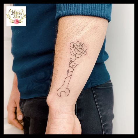 Small Mechanic Tattoo Ideas, Mechanic Wife Tattoo, Mechanic Tattoo Ideas For Women, Handyman Tattoo Ideas, Feminine Mechanic Tattoo, Simple Car Guy Tattoos, Car Enthusiast Tattoo Ideas, Wrench With Flowers Tattoo, Tattoos For Electricians