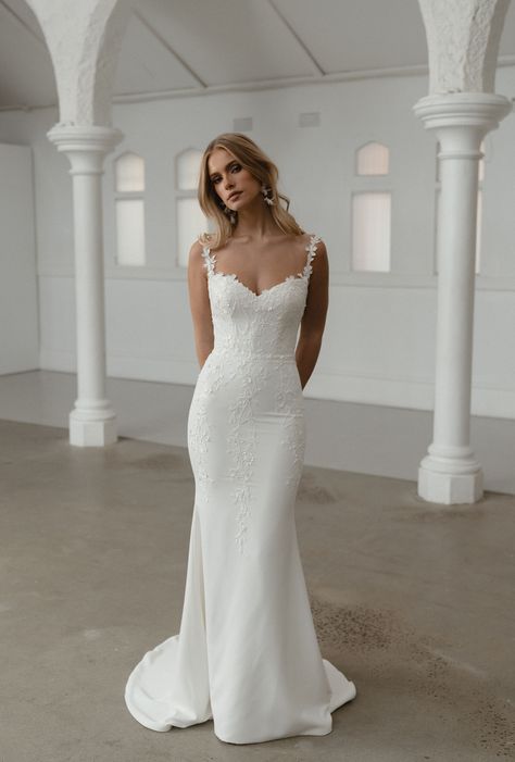 Selby - Madi Lane Bridal Sheath Wedding Dress Sweetheart Neckline, Crepe And Lace Fit And Flare Wedding Dress, Fitted Sheath Wedding Dress, Fitted Classy Wedding Dress, Wedding Dress With Pearls On Back, Minimalist Wedding Dresses Lace, Slimline Wedding Dress, Fitted Lace Wedding Dress With Straps, Chic Lace Wedding Dress