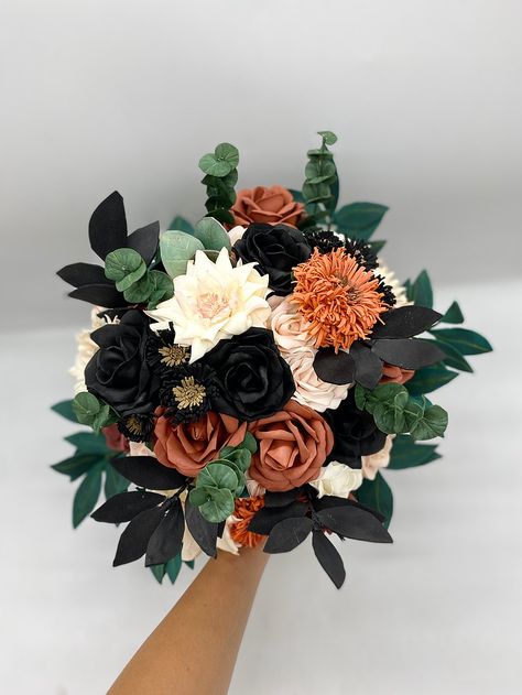 Black and burnt orange wedding bouquet. Fall wedding bouquet with black. - Shop Belorstudio - Plants - Pinkoi Black White And Burnt Orange Wedding, Black Green Burnt Orange Wedding, Black Sunflower Bouquet, Black Rose Wedding Bouquet, Prom Flowers Bouquet Black Dress, Black And Burnt Orange Wedding, Bridal Bouquet With Black, Black And Rust Wedding, Alanna Wedding