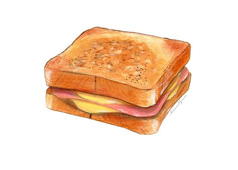 "Bikini" - ham and cheese sandwich by Miriam Figueras.  http://www.miriamfigueras.com/#/food-illustration/ Sandwich Drawing, Food Art Painting, Food Sketch, Food Artwork, Ham And Cheese Sandwich, Watercolor Food, Food Illustration Art, Food Drawings, Cute Food Drawings