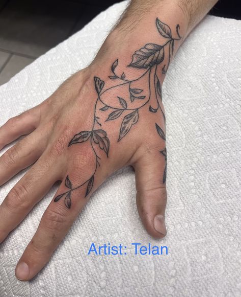 Hand Tattoos Leaves, Hand Tattoo Plant, Hand Tattoos Vines, Vines Hand Tattoo, Leaves Tattoo Men, Male Finger Tattoos, Leaves Hand Tattoo, Tree Hand Tattoo, Leaf Hand Tattoo