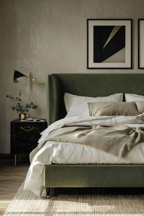 30  Sage Green Bedrooms That Bring Ultimate Relaxation Green Bedroom With Wood Furniture, Green Bed Frame Ideas, Green Bedframe Aesthetics, Monochromatic Green Bedroom, Emerald Green Bedding Ideas, Dark Green Bed Frame, Dark Green And Blue Bedroom, Dark Green And White Bedroom, Shades Of Green Bedroom