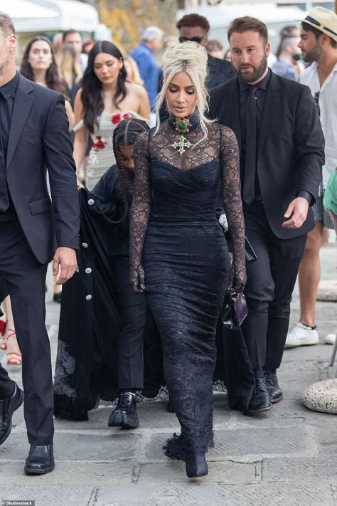 Wow: Kim showed off her incredibly svelte frame in the racy lace number as she walked in Italy Kourtney Kardashian And Travis, Kim Kardashian Wedding, Kardashian Wedding, Lace Dress Outfit, Kim Kardashian Dresses, Kourtney Kardashian Style, Gothic Lace, Kardashian Outfit, Kim Kardashian Style