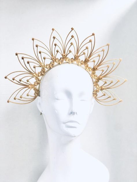 Gold sunburst Halo Crown l gold Goddess headdress l Heavenly | Etsy Gold Handmade Headpiece For Costume, Adjustable Gold Costume Headpieces, Gold High Crown Headpiece For Festivals, Golden Halo Crown, Gold Headdress Goddesses, Rave Hats, Crown Template, Goddess Crown, Festival Headpiece