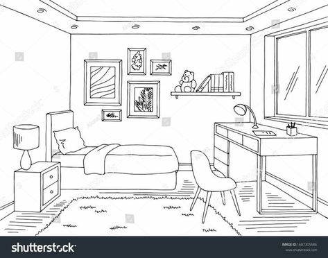 Draw Room Ideas, How To Draw Bedroom, Room Sketch Drawing, 3d Room Drawing, How To Draw A Room, Interior Space Drawing, Drawing Of Room, Room Drawing Reference, Room Drawings Sketches