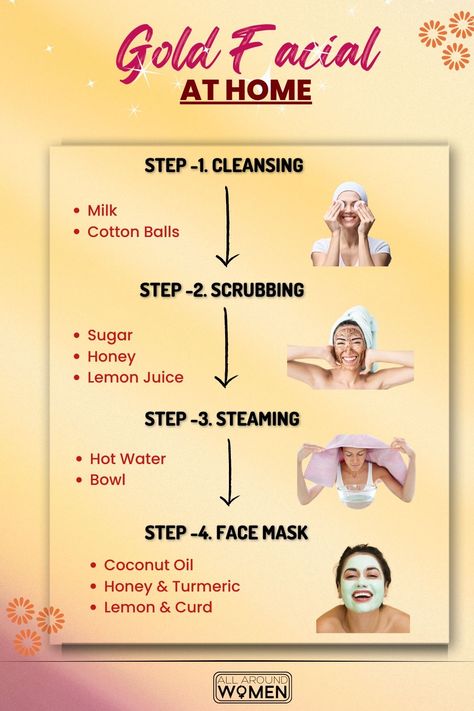 Gold Facial, Facial At Home, Beginner Skin Care Routine, Clear Skin Face, Face Skin Care Routine, Skin Face Mask, Clear Healthy Skin, Diy Skin Care Routine, Natural Face Skin Care