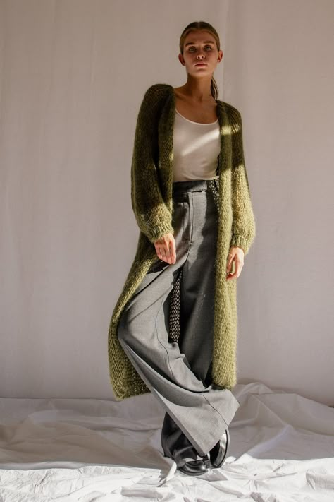 "The Airy Mohair Coat -- an open-front, long raglan cardigan, hand knit with luxurious kid mohair.  The perfect addition to your wardrobe for when you need an extra layer of warmth, but don't want to feel weighed down. Loosely knit with our signature kid mohair, it's lightweight and soft, making it a dream to wear.  The ultimate blend of comfort and style, it will be your favorite cardigan season after season. Handcrafted in Greece. DETAILS * Super soft, premium quality Italian mohair * Composit Knitting Long Cardigan, Styling Long Cardigans, Long Knit Cardigan Outfit, Mohair Cardigan Outfit, Layered Clothes Aesthetic, Long Knitted Vest, Maxi Cardigan Outfit, Duster Cardigan Outfit, Knit Cardigan Outfit