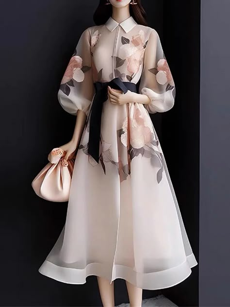 Elegant Regular Fit Floral Midi Dress With Belt | stylewe New Long Dress, Shirt Collar Pattern, Three Quarter Sleeve Dresses, Short Sleeve Summer Dresses, Summer Linen Dresses, Summer Elegant, Floral Shirt Dress, New Chinese Style, Evening Attire