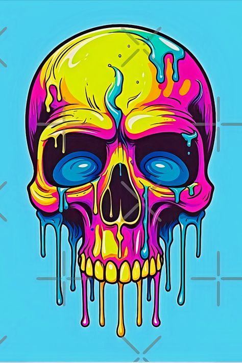 Colorful dripping skull artwork with neon hues Dripping Skull Drawing, Neon Color Drawing, Laughing Skull Drawing, Painting Ideas Graffiti, Trippy Skull Painting, Drippy Skull, Neon Drawings, Skull Vector Art, Colored Skeleton