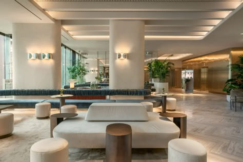 Zebulon Perron designs "sensual" areas at Montreal's Four Seasons hotel White Terrazzo Floor, Curved Banquette, Brown Leather Chairs, Herringbone Wood Floor, Terrazzo Floors, Lobby Lounge, Hotel Lounge, Airport Lounge, Bar And Restaurant