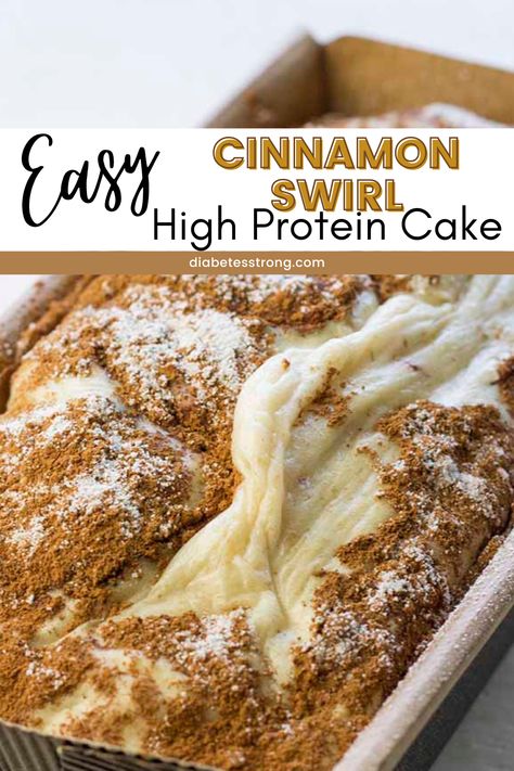 Looking for a dessert that you don't have to feel guilty about? Here is an easy cinnamon swirl high protein cake that is full of swirls of cinnamon sugar topping, and decadent cake. The high protein will leave you feeling full and help regulate blood sugars instead of a sugar spike with a classic cake. Health Cake Recipes Healthy, High Protein Fall Dessert, Protein Coffee Cake Recipes, Protein Cloud Cake, High Protein Coffee Cake, Devotion Sinful Cinnamon Recipes, Protein Birthday Cake Recipes, Bariatric Cake Recipes, High Protein Birthday Cake