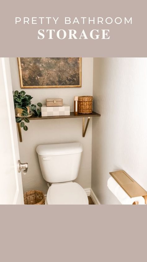 Adding a shelf behind my toilet gave me a place to stash feminine products and other toiletries so they’re easy to grab and easy to conceal. (The purple, green, and orange product packaging wasn’t really the vibe I was going for, know what I mean?!) 😉 I don’t think EVERY piece of decor needs a functional purpose, but when it does, it’s even better! 🙌🏻 #watercloset #bathroominspiration #bathroomideas #bathroomorganization | Somewhat Simple | Booker T. · Green Onions Shelves Behind Toilet, Water Closet Makeover, Water Closet Decor, Half Bathroom Decor Ideas, Bathroom Cleaning Tips, Toilet Closet, Organic Modern Bathroom, Shelves Above Toilet, Half Bathroom Decor