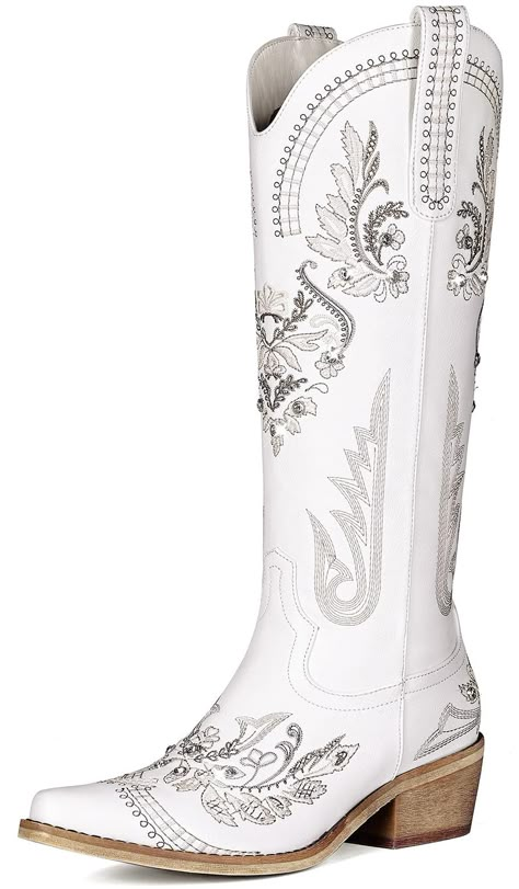 PRICES MAY VARY. 【Retro and Fashion】Lumeheel women's cowgirl boots epitomize the flawless fusion of vintage western and modern fashion, ensuring you stride with confidence and charisma wherever your journey takes you. Wide calf cowboy boots for women boast timeless embroidery designs, sparkling rhinestones, and a classic pointed toe, elevating your style with a captivating blend of vintage charm and modern allure. 【Comfort and Fit】Wide calf cowboy boots provide all-day comfort, they not only fit Cowgirl Wedding Boots Brides, White Cowboy Boots Bride, Western Wedding Boots For Bride, Boots For Quince, White Cowboy Boots Aesthetic, Bridal Cowgirl Boots, Quinceanera Boots, White Cowgirl Boots Wedding, Wedding Cowgirl Boots For Bride