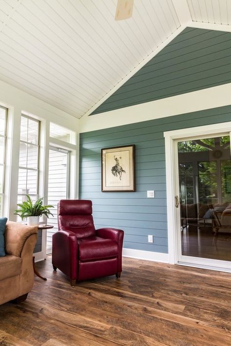 siding inside porch different than other part of house Siding Inside House, Inside Porch Ideas, Three Season Porch Ideas, Coastal Sunroom, 3 Season Porch Ideas, Three Seasons Room, Season Room Ideas, Four Season Porch, All Season Porch