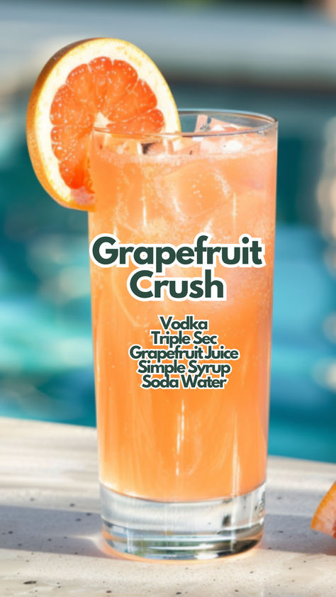 Grapefruit Crush Grapefruit Crush Recipe, Grapefruit Simple Syrup, Grapefruit Vodka Drinks, Grapefruit Crush, Grapefruit Cocktail Recipes, Triple Sec Cocktails, Poolside Cocktails, Cocktail Cards, Vodka Cocktails Easy