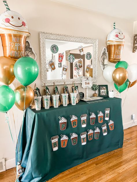 Star Bucks Themed Party, Starbucks Birthday Party Ideas Diy, Starbucks Party Invitations, Starbucks Birthday Party Decorations, Starbucks Birthday Ideas, Starbucks Balloon Decorations, Kid Birthday Theme Ideas, Starbucks Bday Party Ideas, Starbucks Party Decorations