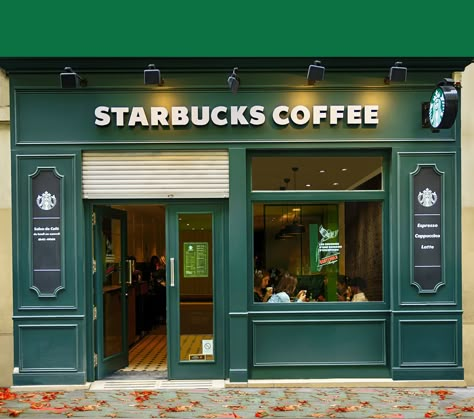 Shop Coffee Design, Starbucks Exterior, Shop Exterior Design, Starbucks Autumn, Starbucks Shop, Cafe Exterior, Starbucks Design, Bakery Shop Design, Starbucks Store