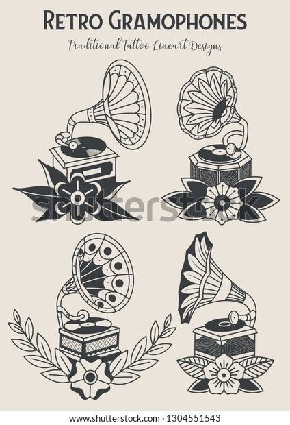 Traditional Tattoo Music, Gramophone Tattoo, Neo Tattoo, Woodcut Tattoo, Traditional Tattoo Old School, American Traditional Tattoo Ideas, Traditional Tattoo Ideas, Arm Tats, Cool Wrist Tattoos