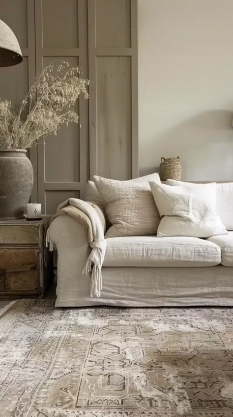 Midjourney AI Image: a living rom with soft neutral colors. A linen sofa → more in ai-img-gen.com Living Room With White Couch, Light Color Scheme, Tan Throw Blanket, Tan Pillow, Paneled Walls, Tan Pillows, White Couch, White Couches, Patterned Rug