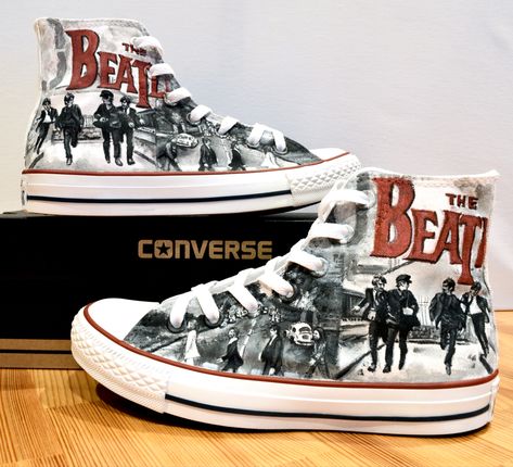 The Beatles Custom hand painted high top Converse Shoes. Fab Four Personalized canvas lace up women, men sneakers. Customized unique gift. Converse Sunflower, Sneakers Customized, Ribbon Shoe Laces, Custom Converse Shoes, Hand Painted Toms, Painted Converse, Painted Toms, Shoes For Man, Ribbon Shoes