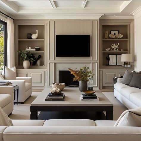 Modern Classic Interior Living Room Tv, Living Room Salon Ideas, Tv Wall Luxury Design, Boutique Hotel Living Room, Media Centre Living Room, Classic Modern Home Decor, Classic Home Design Living Room, Stonebrook Home, Modern Classic Decor