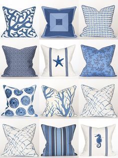 Beach Cushions, Beach Theme Pillows, Beach House Furniture, Beach House Pillow, Beach Pillow, Blue And White Pillows, Beach Interior, Beach Pillows, Coastal Pillows