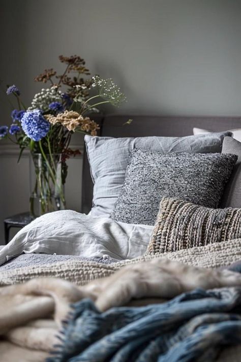 Blue Grey Bedroom Ideas: Chic Decor Tips Color Palette Bedroom Grey, Soft Grey Bedroom Ideas, Feminine Blue Bedroom, Blue Grey Bedrooms, Grey Blue Bedroom Ideas, Blue And Taupe Bedroom, Blue Grey Bedding, Gray Bedroom Ideas With Pop Of Color, Blue Grey Bedroom Ideas