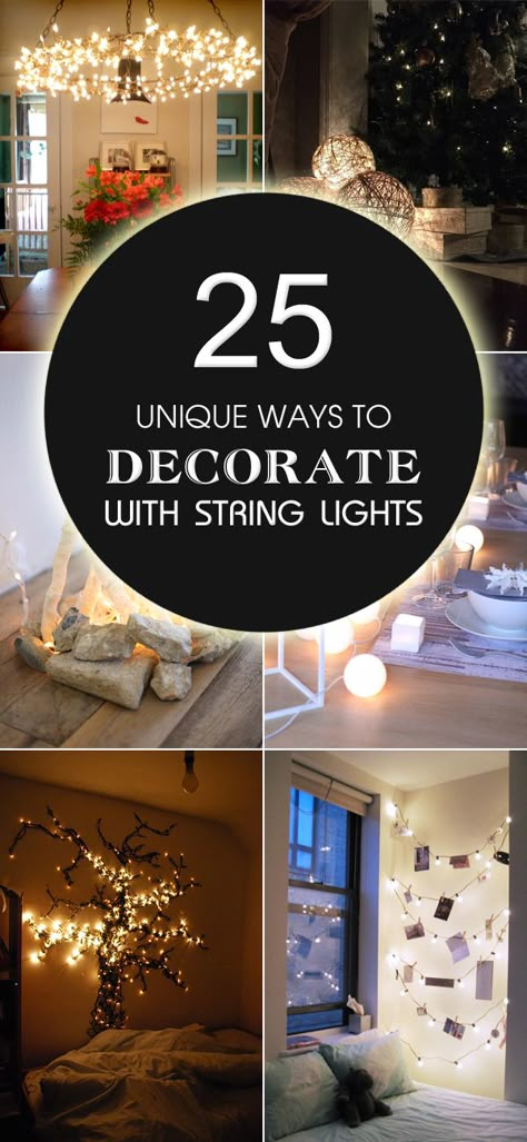 Check out these 25 unique DIY ways you can use String lights to spice up your home! Hanging Lights In Living Room Ideas, Light Up Decor, Decorative Lights In Living Room, Twinkly Lights Ideas, Indoor String Lights Living Room, Twinkle Lights Living Room, Decorate With Christmas Lights, String Light Chandelier, String Lights Living Room