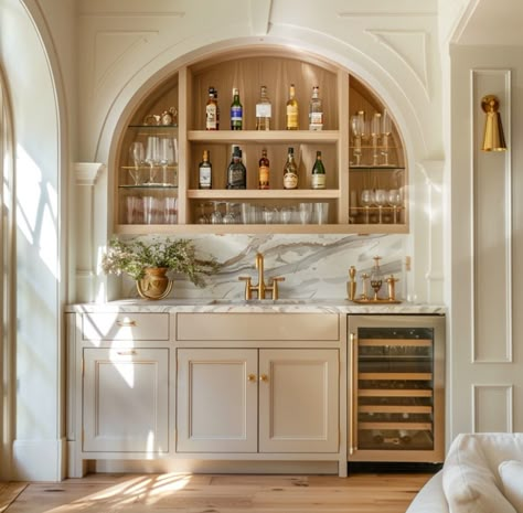 Kitchen Bar With Open Shelving, Room For Entertaining, Home Entertainment Room Bar Designs, Open Bar Cabinet, Home Bar Open Shelving, Elegant Wet Bar, Built In Bar Small Space, Bar With Arches Design, Built In With Bar