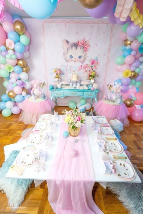 Don't miss this adorable cat-themed birthday party! What an amazing dessert table! See more party ideas and share yours at CatchMyParty.com #catchmyparty #partyideas #cats #catparty #kitten #kittenparty #girlbirthdayparty #shabbychicparty #vintageparty Kitten Tea Party, Kitty Unicorn Birthday Party, Two Purrfect Birthday, Kittycorn Birthday Party, Caticorn Birthday Party, Cats Birthday Party, Cat Bday, Kitty Birthday Party Ideas, Cat Party Decorations