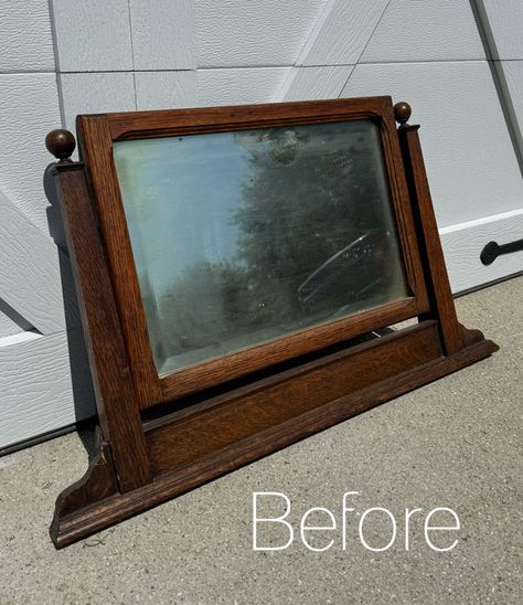 Hello, beautiful friends! I left y'all wondering what I did with the mirror to the oak dresser I shared on Thursday. Well today, I'm back sharing this repurposed antique dresser mirror! Here is how it started: I feel like these dressers are more versatile without the mirror. They can be used as additional storage in Antique Mirror Repurposed, Vintage Mirror Upcycle, Mirror Holder Ideas, Antique Vanity Mirror Repurposed, Vintage Dresser Mirror Repurposed, Large Dresser Mirror Repurposed, Repurpose Dresser Mirror Ideas, Thrifted Mirror Makeover, Old Dresser Mirror Ideas Repurposed